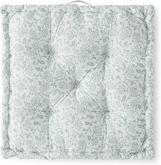 Peri Home Floor Pillow for Adults, Square, Oversized, 100% Cotton Large Floor Cushion Seating, Vine Floral Printed and Tufted, 24x24, Blue