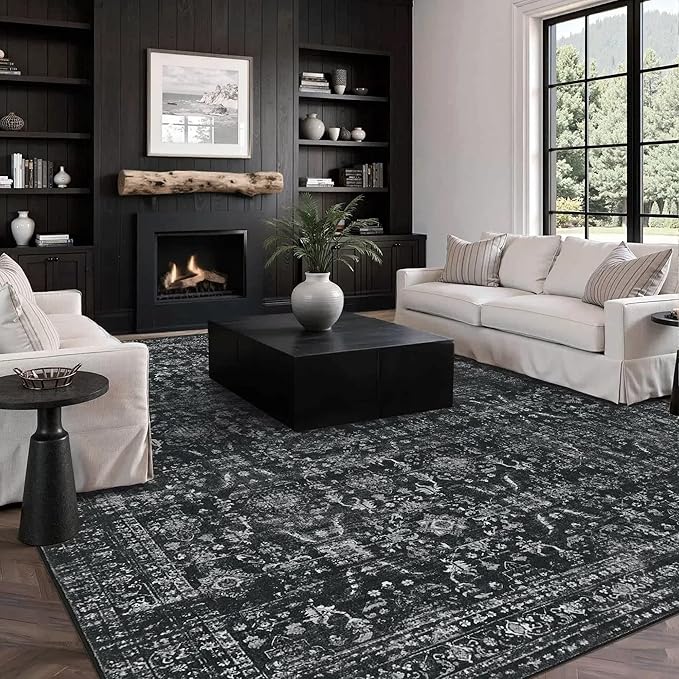 8x10 Area Rugs for Living Room Bedroom, Large Washable Rug, Black Vintage Floral Boho Rug, Non Slip & Low Pile Faux Wool Thin Carpet for Indoor Dining Room and Kids Room(Black 8x10ft)