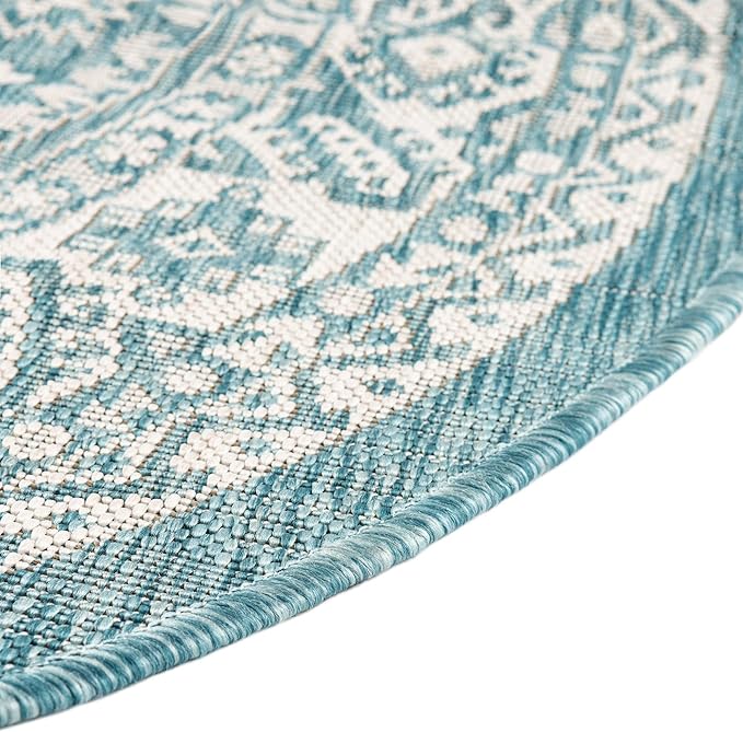 Rugs.com Outdoor Aztec Collection Rug – 3 Ft Round Aqua Flatweave Rug Perfect for Kitchens, Dining Rooms