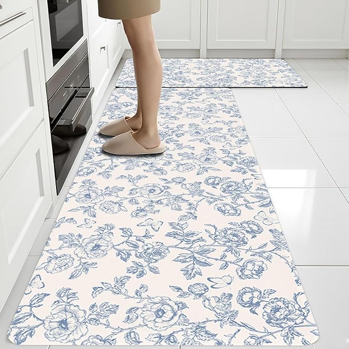 Flower Rugs for Kitchen Floor, 2PCS Anti Fatigue Mats for Kitchen Floor Rubber Non Slip, Washable Cushioned Carpet Rug for Sink Laundry Gifts for Christmas 15.7"×27.5" +15.7"×47" 3.5mm BlueFloral