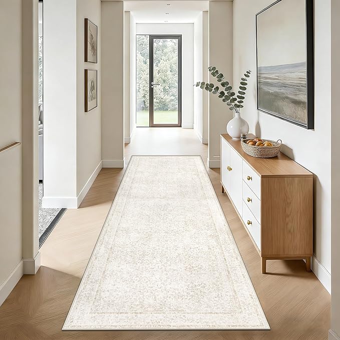 2x8 Hallway Runner Rug: Washable Vintage Floral Entryway Rugs Low Pile Non-Slip Boho Carpet for Kitchen, Bedroom, Bathroom, Dining Room (FloralBeige, 2'x8')