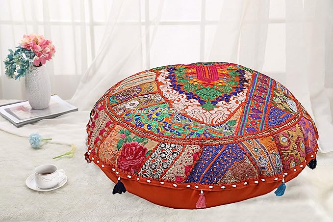 Indian Bohemian Floor Pillow for Kids Orange 28 Inch Patchwork Yoga Pouffe Footstool Home Decor Embroidered Vintage Cotton Round Floor Cushions for Adults 28x28