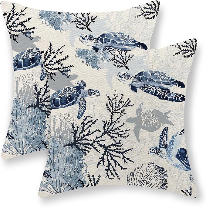 Nautical Coastal Pillow Covers 20x20 Set of 2 Beach Themed Ocean Coral Sea Turtle Decorative Throw Pillows Blue Outdoor Decor Pillow Cases Linen Farmhouse Cushion Case for Sofa Home Holiday