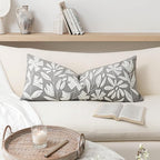 BlissBlush 14x36 Lumbar Pillow Cover for Bed, Light Gray Rectangular Long Throw Pillowcase, Embroidered Velvet Floral Tufted Farmhouse Accent Cushion (Cover Only)