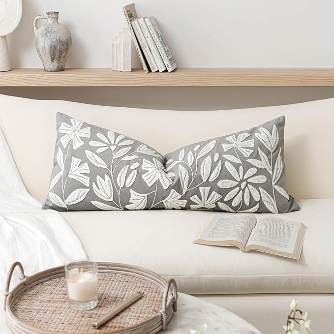 BlissBlush 14x36 Lumbar Pillow Cover for Bed, Light Gray Rectangular Long Throw Pillowcase, Embroidered Velvet Floral Tufted Farmhouse Accent Cushion (Cover Only)