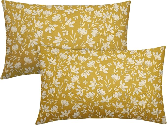 Yellow Pillow Covers 12x20 Set of 2 Vintage Floral Rustic Old Style Cute Flower Print Rectangle Decorative Outdoor Pillowcases Seasonal Farmhouse Throw Cushion Case Couch Sofa Bed Decor