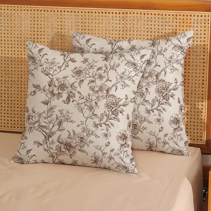 Brown Pillow Covers 22x22 Set of 2 Brown and Cream Floral Chinoiserie Throw Pillows Vintage Rustic Toile Flower Decorative Pillow Cases Outdoor Chinoiserie Decor Cushion Case for Couch Sofa