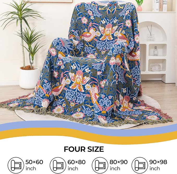 Queen Size Throw Blanket for Bed 100% Cotton Boho Oversized Soft Cozy Muslin Quilt Blanket Double Bird and Florals, Vintage Farmhouse Cottage Woven Blankets for Bedding Couch,80"×90"- Blue&Yellow