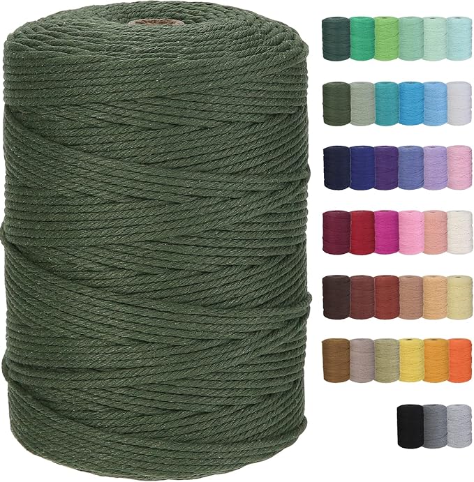 Cotton Macrame Cord 3mm 328yards Natural Colored Macrame Supplies, Soft Craft Cotton Rope for Plant Hanger Wall Hanger Dreamcatcher (Olive Green)