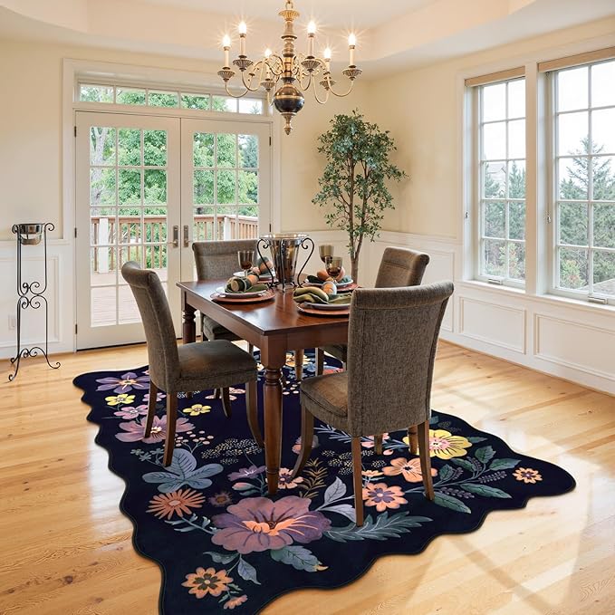Lahome Floral Washable Rugs for Living Room, 5x7 Area Rugs Ultra-Thin Soft Rug, Non-Slip Bedroom Rug Stain Resistant Boho Low-Pile Throw Carpet for ‎Dining Room Office Flore (5x7ft,Purple)
