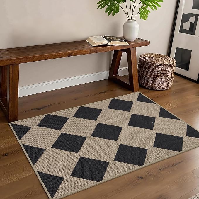 Checkered Easy Jute Entryway Rug 2x3 Indoor Outdoor Front Door Mat Washable Non Slip Farmhouse Neutral Low Pile Small Rug for Entryway Proch Kitchen