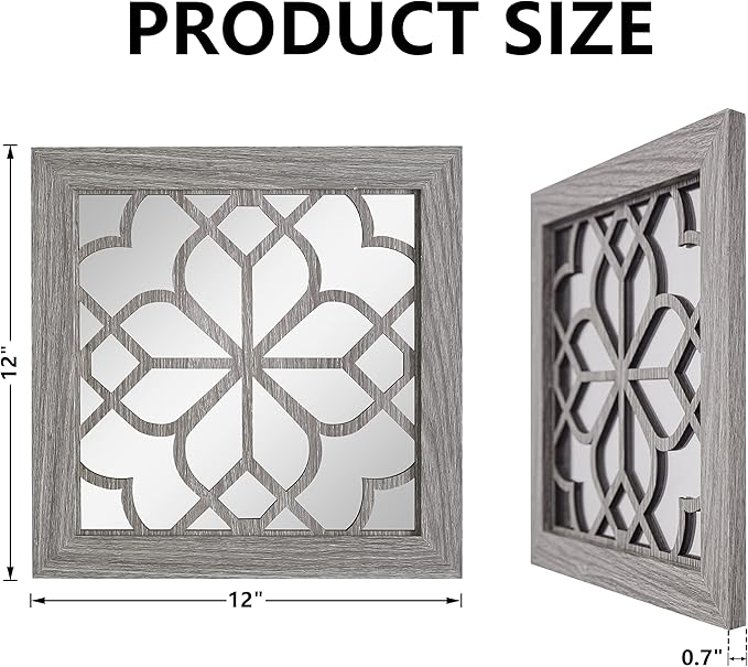 Set of 4 Boho Wall Mirrors with Carved Floral Design, 12x12 Inch Rustic Farmhouse Accent Mirrors, Vintage Style Shatterproof Square Mirror Decor for Living Room, Bedroom(Brown)