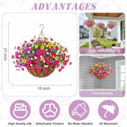 Artificial Silk Flowers Hanging Baskets Outdoors Indoors, Daisy with Eucalyptus Leaves Arrangement for Garden Yard Spring Summer Decor Faux Green Plant Metal Coconut Lining