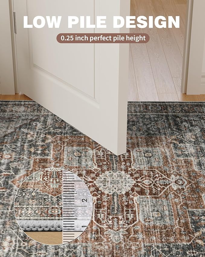 Area Rugs 9x12 Living Room, Vintage Soft 9x12 Rug with Non-Slip Backing, Low Pile Stain Resistant Large Washable Area Rug for Dining Room, Bedroom, Office (Grey/Brown/Tan, 9'x12')