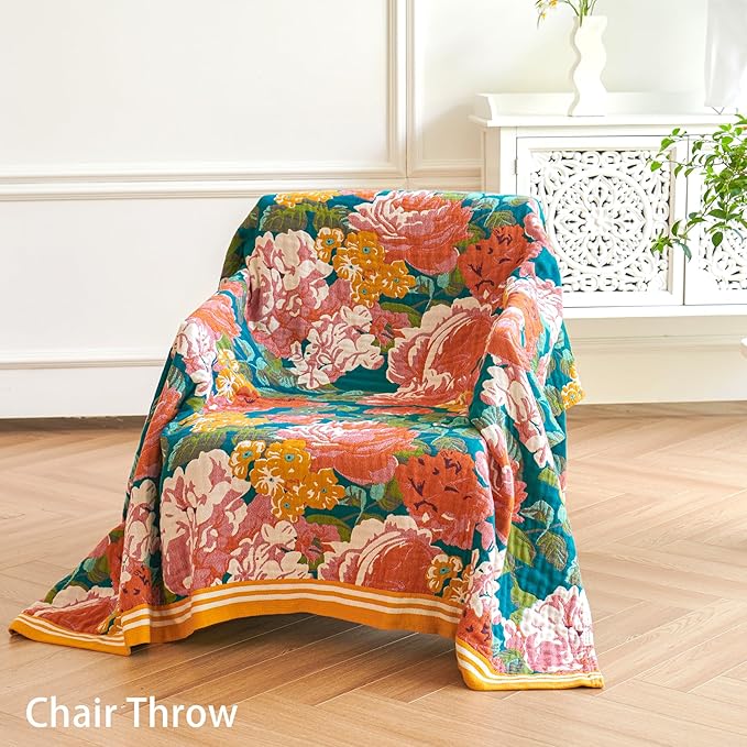 Boho Throw Blanket, 100% Organic Cotton Breathable Ultra Soft 60" x 80" Bed Quilt Throw - All Season Floral Rustic Farmhouse Decor Luxury Reversible Blanket for Sofa Couch Chair and Gift