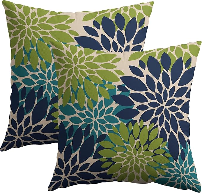 Navy Blue Green Teal Pillow Covers 16X16 Inch Set of 2, Modern Geometry Dahlia Floral Print Decorative Throw Pillow Covers Outdoor Farmhouse Cushion Case for Home Couch Sofa Bed Decoration