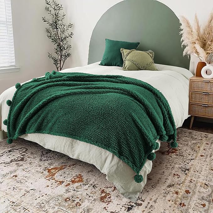HORIMOTE HOME Ultra Soft Sherpa Throw Blanket with Pompom Fringe, Lightweight Plush Boho Throw Blanket for Couch, Sofa, Bedroom,Travel, Christmas Decor, Warm Blanket for Winter, 50"x60", Green