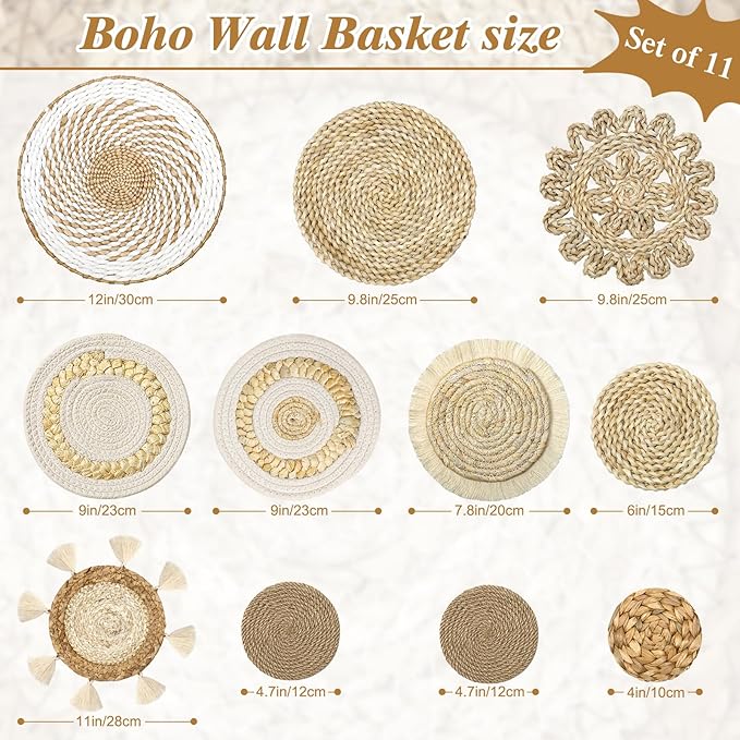 LOMOHOO Set of 11 Boho Wall Basket Decor Wicker Woven Wall Basket Decorations Bohemian Handcrafted Round Basket Hanging decor Bulrush Wall Art Decors for Living Room Rustic Home