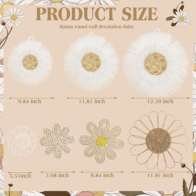Chunful 7 Pcs Boho Wall Basket Decor Rattan Flower Wall Decor Nursery Daisy Flower Woven Macrame Hanging Flowers for Baby Kids Girls Farmhouse Bedrooms Living Rooms Kitchen Home(Milky White)