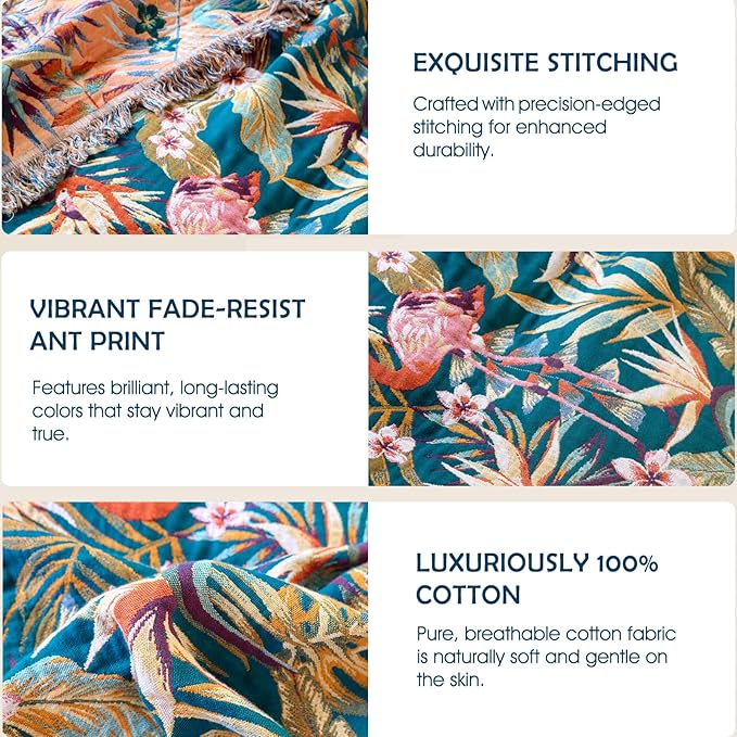 Boho Throw Blanket - 100% Cotton Ultra Soft Muslin Spring Blanket, 60"x80" Lightweight Floral Bird Framhouse Bedding Blanket for Bed, All Season Blue Bohemian Bedroom Home Decor Quilt