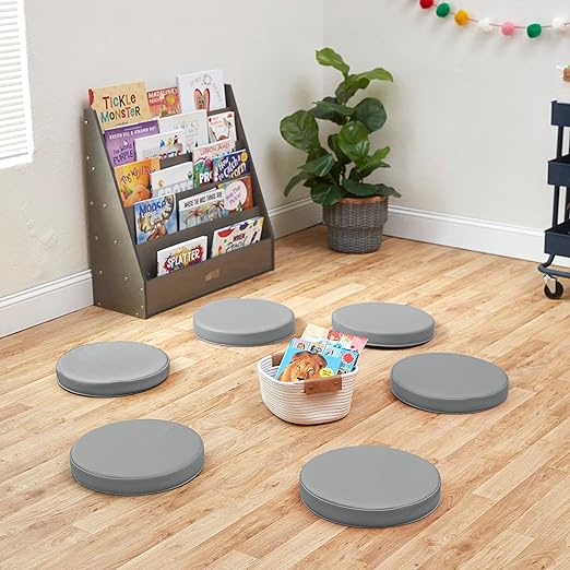 ECR4Kids SoftZone Floor Cushions, Round, Flexible Seating, Grey, 6-Piece