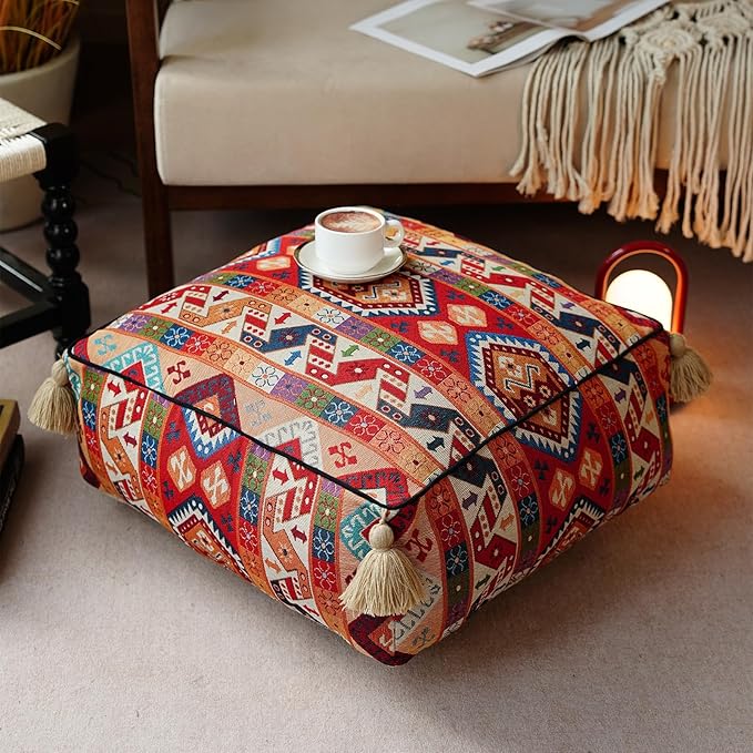 Boho Unstuffed Pouf Cover Ottoman Footrest Indian Mexcian Foot Stool Floor Bean Bag Floor Chair Storage for Living Room Bedroom Decor (Boho Red, Square)