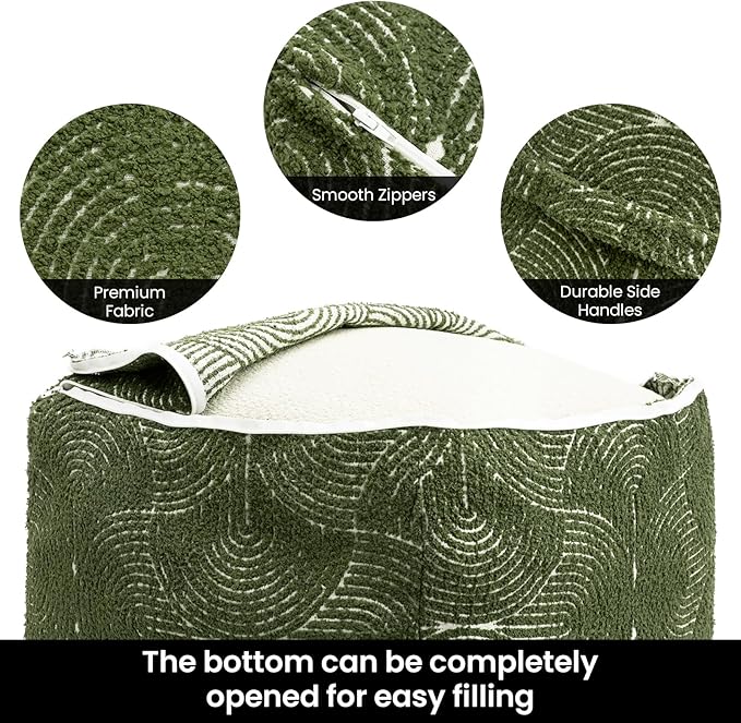 AELS Unstuffed Boho Textured Pouf Cover, Organic Modern Mid Century Rainbow Tufted Storage Bean Bag Cubes, Farmhouse Square Ottoman Pouf Foot Rest Footstool, 18"x18"x18", Cover ONLY, Olive Green