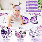 Chumia 6 Pcs Baby Monthly Milestone Blanket for Girl 60" x 40" Butterfly Milestone Blanket Age Photo Photography Backdrop with Newborn Calendar Growth Chart Bib Headband(Purple,Butterfly Pattern)