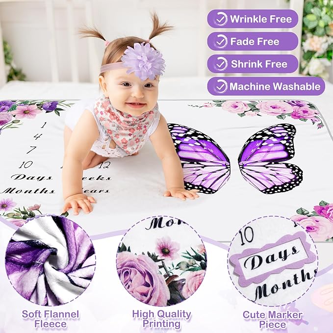 Chumia 6 Pcs Baby Monthly Milestone Blanket for Girl 60" x 40" Butterfly Milestone Blanket Age Photo Photography Backdrop with Newborn Calendar Growth Chart Bib Headband(Purple,Butterfly Pattern)