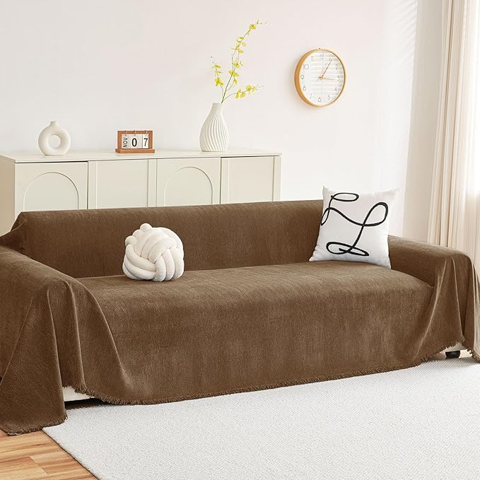 hyha Couch Cover for Dogs, Boho Sofa Covers for 3 Cushion Couch Washable, Chenille Sofa Slipcover for Pets, Soft Loveseat Sectional Couch Throw Blankets with Tassels (Chocolate, 71x102 Inch)