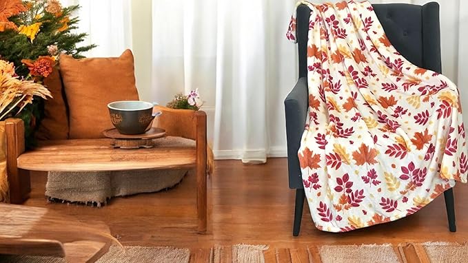 Fall Throw Blanket: Colorful Autumn Leaves, Burgundy Red Burnt Orange Yellow Print on Soft Fleece for Sofa Bed Couch Chair or Dorm