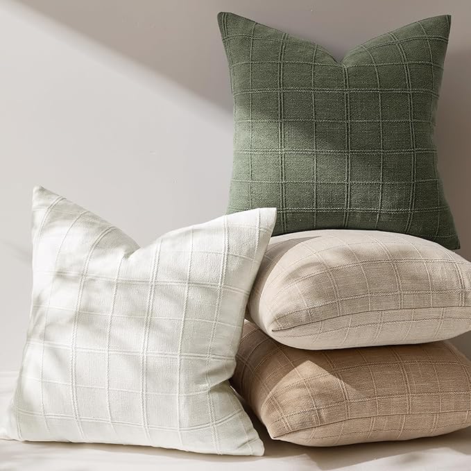Woaboy Linen Check Throw Pillow Covers Set of 2 - Cream White Farmhouse Modern Boho Vintage Decorative Cushion Covers for Sofa Couch Bedroom Living Room Decor 18x18 Inch