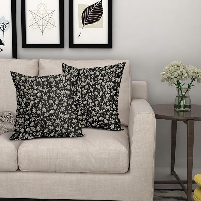 Vintage Flower Pillow Covers 20x20 Set of 2 Black Brown Floral Block Print Rustic Decorative Throw Pillows Outdoor Pillowcase Farmhouse Linen Cushion Case Decor for Home Sofa Couch Bed