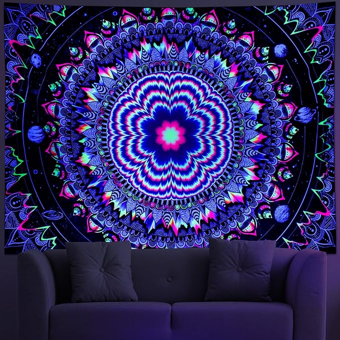 Amonercvita Blacklight Tapestry Trippy Mandala Tapestries UV Reactive Galaxy Stars Tapestry Psychedelic Neon Tapestries Wall Hanging Hippie Black Light Poster for Bedroom
