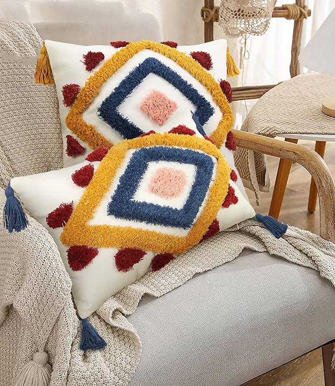Merrycolor Boho Throw Pillow Covers 20 x 20 Modern Geometric Diamond Boho Pillows Decorative Throw Pillow Cases Yellow Blue Pink Soft Woven Tufted Pillow Cushion for Couch Sofa Bedroom Living Room