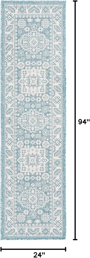 Rugs.com Outdoor Aztec Collection Rug – 8 Ft Runner Aqua Flatweave Rug Perfect for Hallways, Entryways