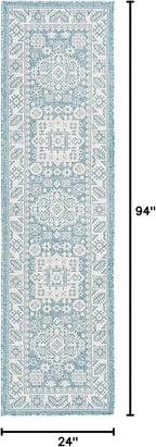 Rugs.com Outdoor Aztec Collection Rug – 8 Ft Runner Aqua Flatweave Rug Perfect for Hallways, Entryways