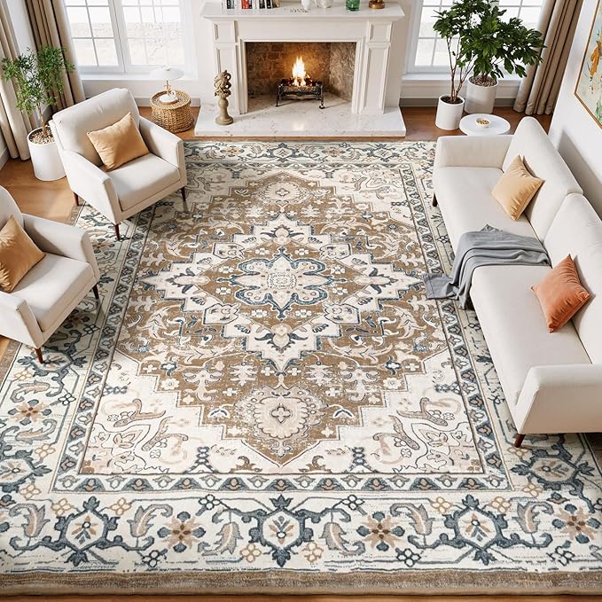 Lessymo Area Rugs 9x12 Living Room- Large Area Rug Machine Washable Area Rug for Bedroom Living Room, Vintage Rugs Boho Floral Medallion, Non-Slip Rubber, Low Pile, Kid & Pet Friendly, Brown Beige