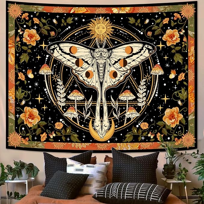 Aipon Orange Moth Tapestry Boho Retro Floral Flowers Tapestries Aesthetic Vintage Mushroom Tapestries for Bedroom Indie Sun Moon Tapestry Wall Hanging for Living Room Dorm (90'' × 68'')