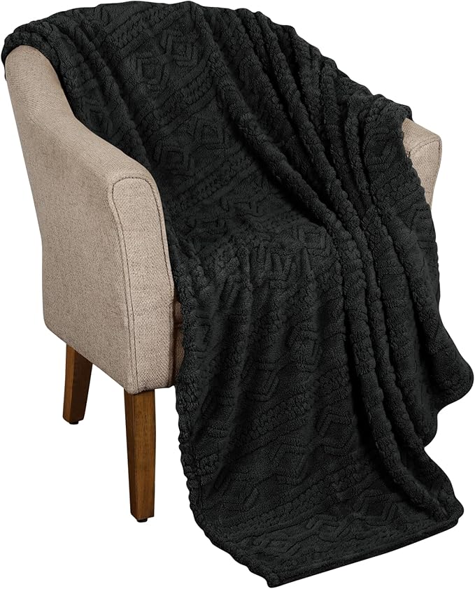 Superior Fleece Boho Jacquard Blanket, Decorative Blankets for Bedroom, Sofa, Fuzzy, Plush, Fluffy, Soft, Cute Room Decor, Beautiful Cover, Comfort Essentials, Arctic Collection, Full/Queen, Black