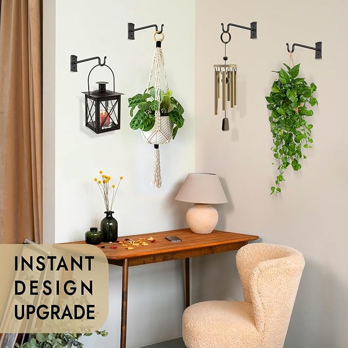 RTZEN Plant Hangers Outdoor or Indoor - Wrought Iron Metal Hanger Indoor Hook - Heavy Duty Wall Bracket Hooks for Hanging Plants Baskets Lanterns Wind Chimes - 2 Pack (Black Shepherds Hooks 7.5")