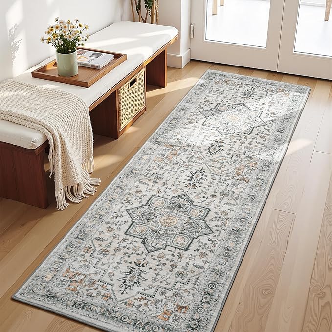 Lessymo Washable 2x6 Runner Rug for Hallway Entryway, Non Slip Kitchen Area Rugs Indoor Mat for Bedroom Bathroom Laundry Farmhouse, Soft Vintage Floor Carpet Stain Resistant Low Pile, Grey/Brown