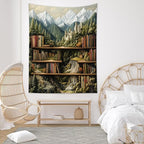 LB Mountain Library Tapestry for Bedroom- Green Forest Vinage Book Fairytale Castle Wall Tapestry- Classroom Bookshelf Wall Decor Tapestries for Living Room College Dorm,40Wx60H inches