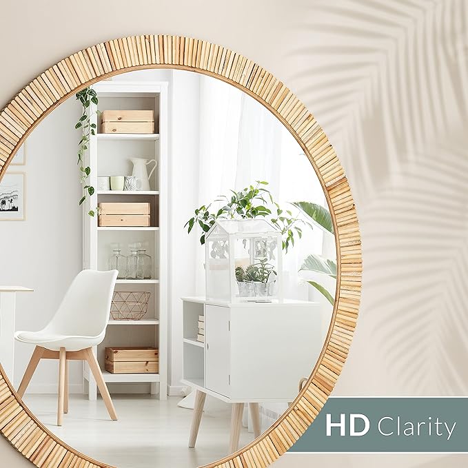 Barnyard Designs Rattan Bathroom Mirror – Rustic Farmhouse Style Handmade Wicker Rattan Frame - Boho Mirror for Nursery Wall Décor (25.5", Round)