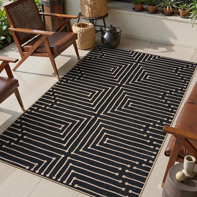 Lahome Boho 3x5 Easy Jute Rugs for Entryway, Black and White Outdoor Rug for Patio, Maze Lines Modern Indoor Outdoor Rugs, Non Slip Stain Resistant Front Door Carpet for Porch Balcony