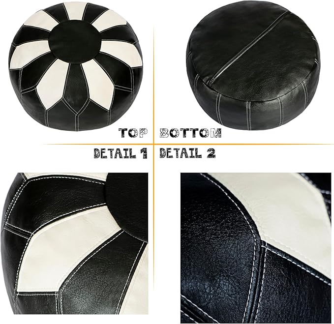 Thgonwid Unstuffed Moroccan Faux Leather Pouf Ottoman with Storage - Handmade Boho Chic Multi-Use Footrest for Living Room, Bedroom, Patio - Round Ethnic Floor Cushion & Decorative Accent, Black&White