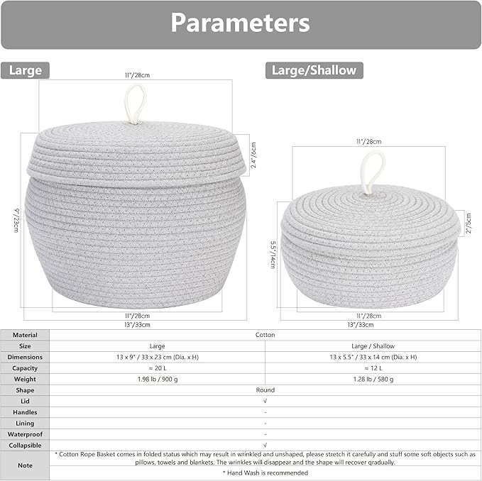 Sea Team Round Cotton Rope Storage Basket with Lid, Decorative Woven Storage Bin, Pot, Caddy, Organizer, Container for Snacks, Towels, Plants, 13 x 9 Inches (Large, Dark Blue)
