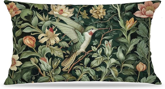 Vintage William Morris Hummingbird Pillow Cover 20x12,Rustic Green Hummingbird Bird Animal Floral Botanical Print Decorative Throw Pillow Covers for Home Bedroom Living Room