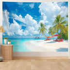 AOHMPT Ocean Sunset Tapestry, Beach Evening Sunset Tapestry, Natural Beach Palm Tree Landscape Poster, Seaside Landscape Wall Hanging for Bedroom, Dorm Room and Living Room Wall Decor 79" L x 59" W