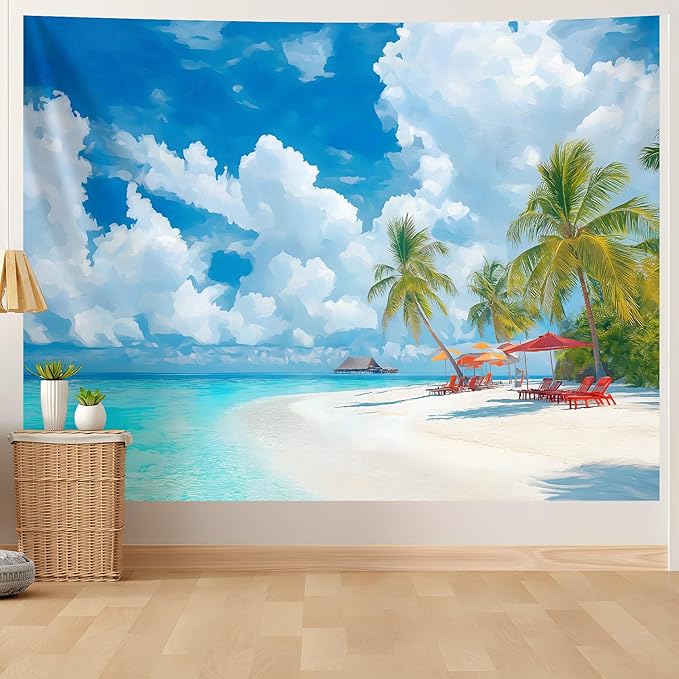 AOHMPT Ocean Sunset Tapestry, Beach Evening Sunset Tapestry, Natural Beach Palm Tree Landscape Poster, Seaside Landscape Wall Hanging for Bedroom, Dorm Room and Living Room Wall Decor 79" L x 59" W